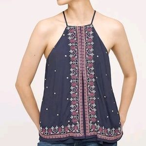 Anthropology midnight flower embroidery tank