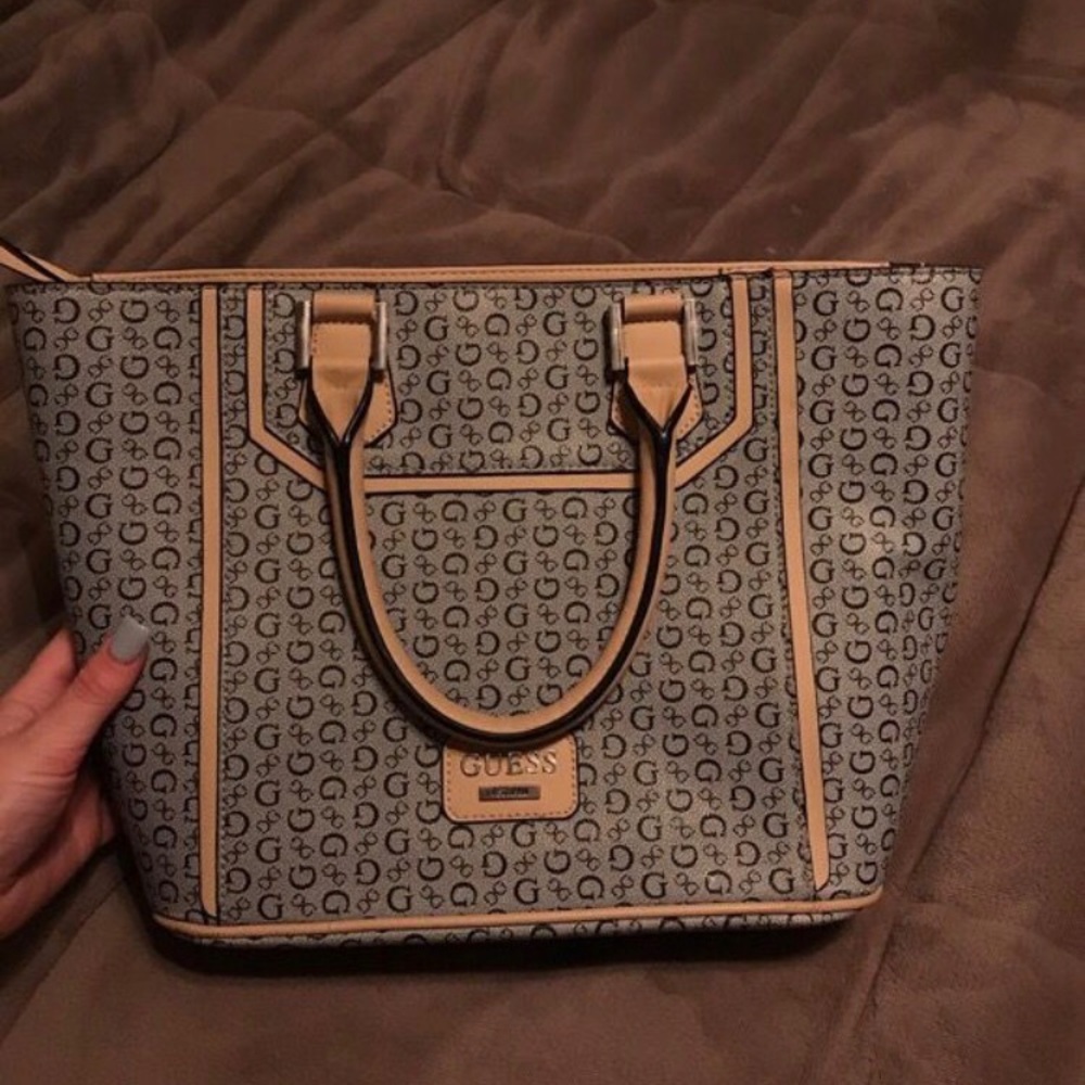 Gray and tan Guess tote bag