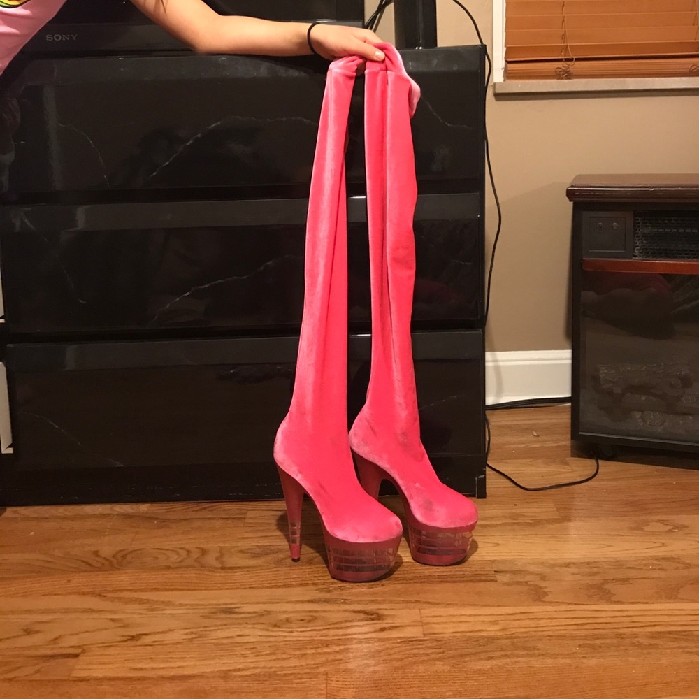 Super sexy thigh high pink velvet boots