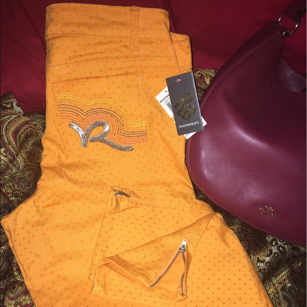 NEW ROCAWEAR FLAME ORANGE POLKADOT ZIPPER ANKLES