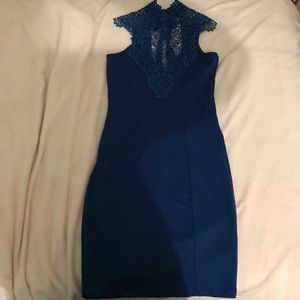 Blue crocheted high neckline dress