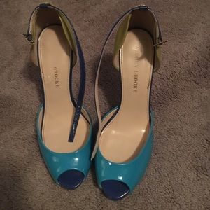 Audrey Brooke color block open toe heels.