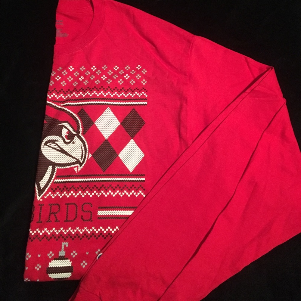 Red long sleeve 'ugly Christmas' ISU t shirt.
