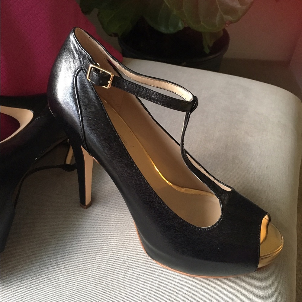 INC Black peep toe t strap stilettos  gold accents