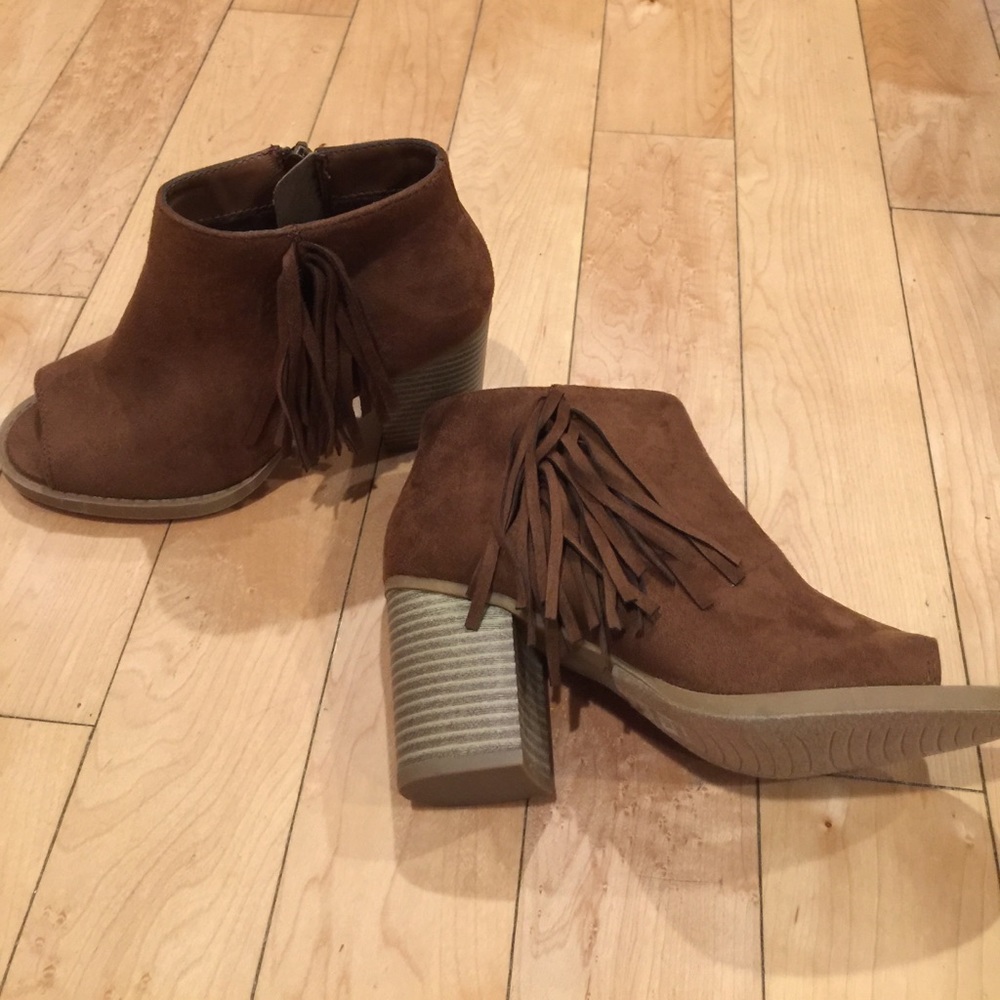 Brown Open-Toe Booties with Fringe