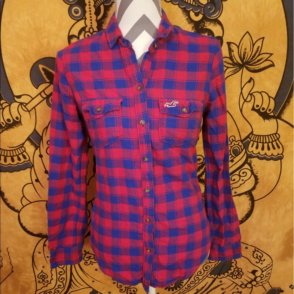 Vibrant Red and Blue Hollister Plaid Button Down