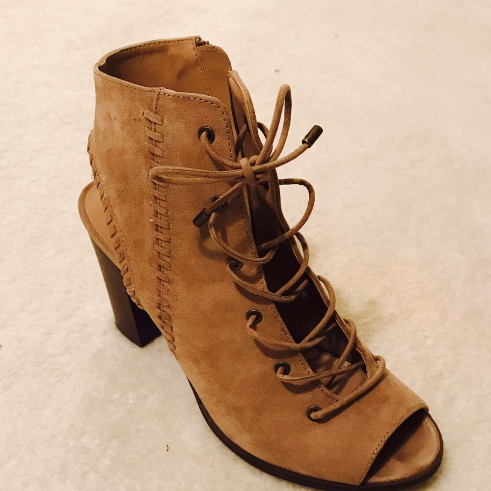 Tan suede lace up stacked heels