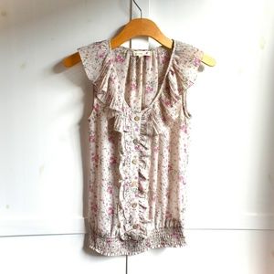 ModCloth Cream and Pink Ruffle Floral Blouse