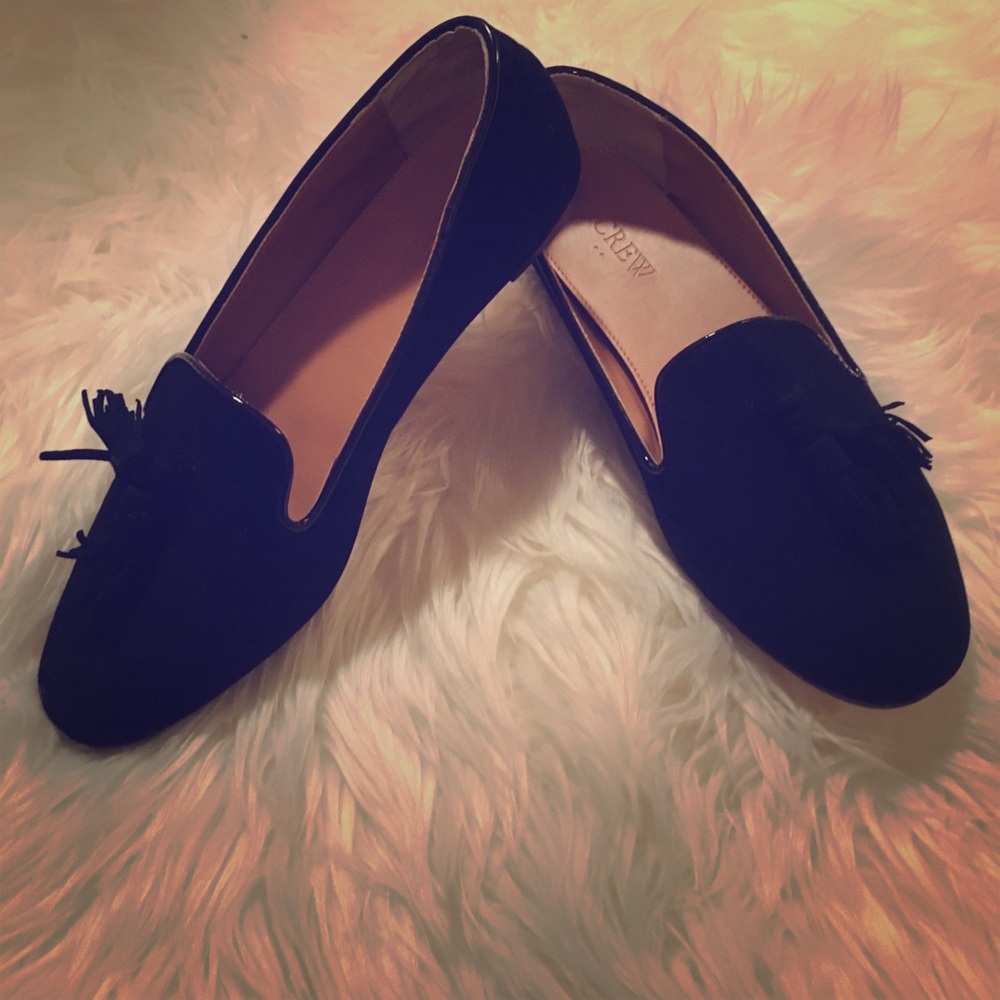 Black with tassel J Crew loafers.