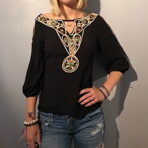 NWOT Black Embroidered Top with Ladder Sleeves