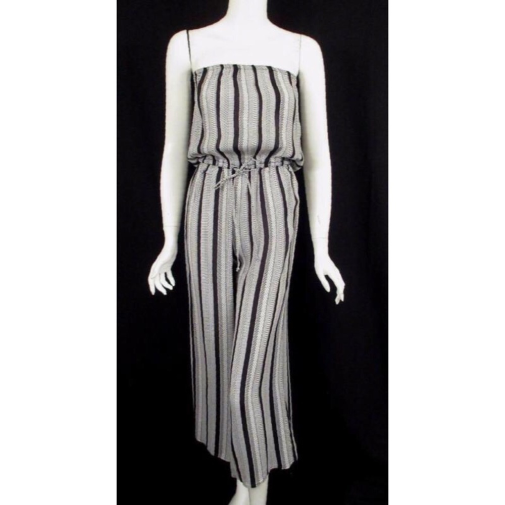 SOLD Blue life B&W stripe strapless jumpsuit sz S