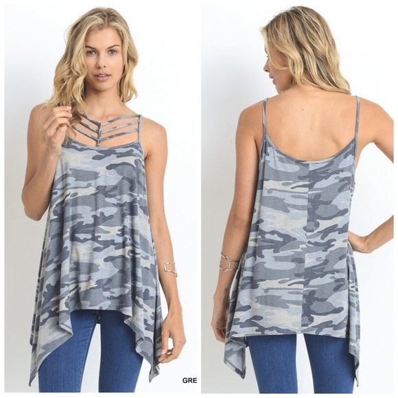 LAST 2! Caged camo print asymmetric hem tunic - Picture 2 of 4