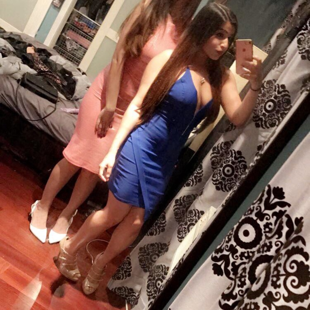 Blue dress with a deep V cut!