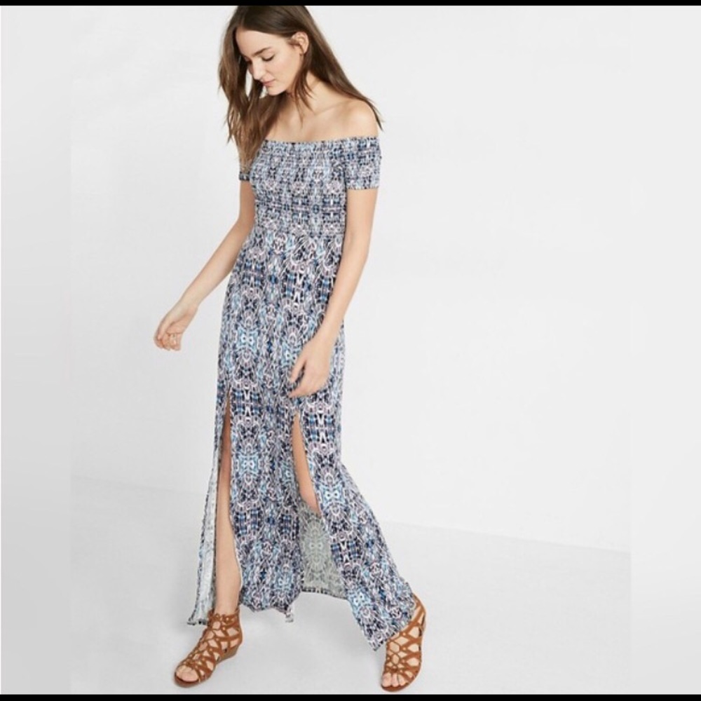 A double slit smocked off the shoulder maxi dress