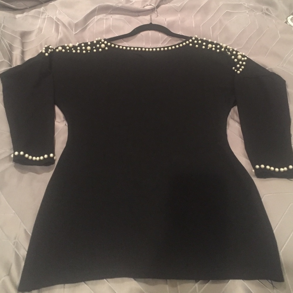 Black cocktail mini dress with beaded pearl detail