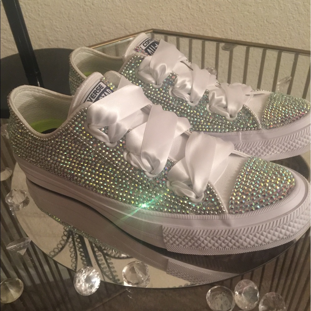 Blinged out Chucks white on white.