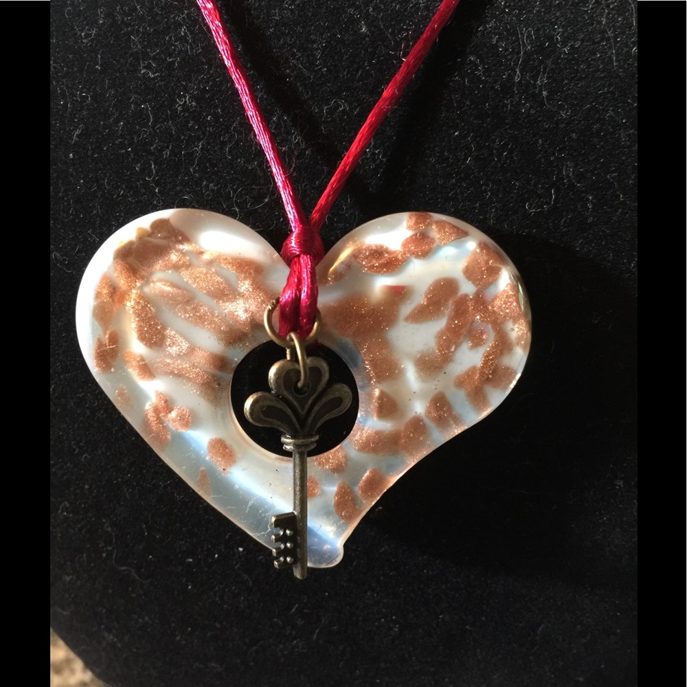 Glass Heart and Brass Key OOAK Necklace