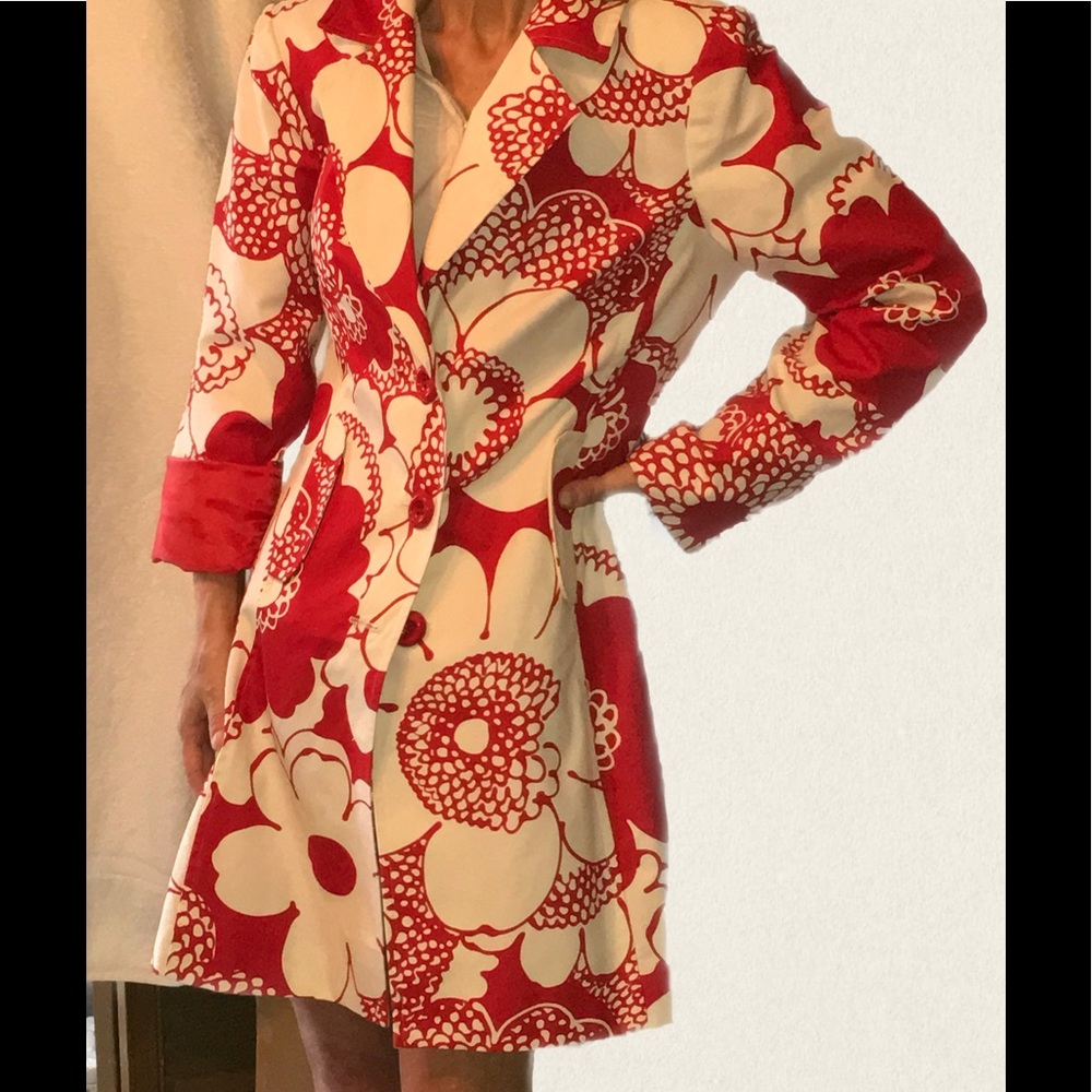 Light cotton-canvas nonbelted floral trench jacket