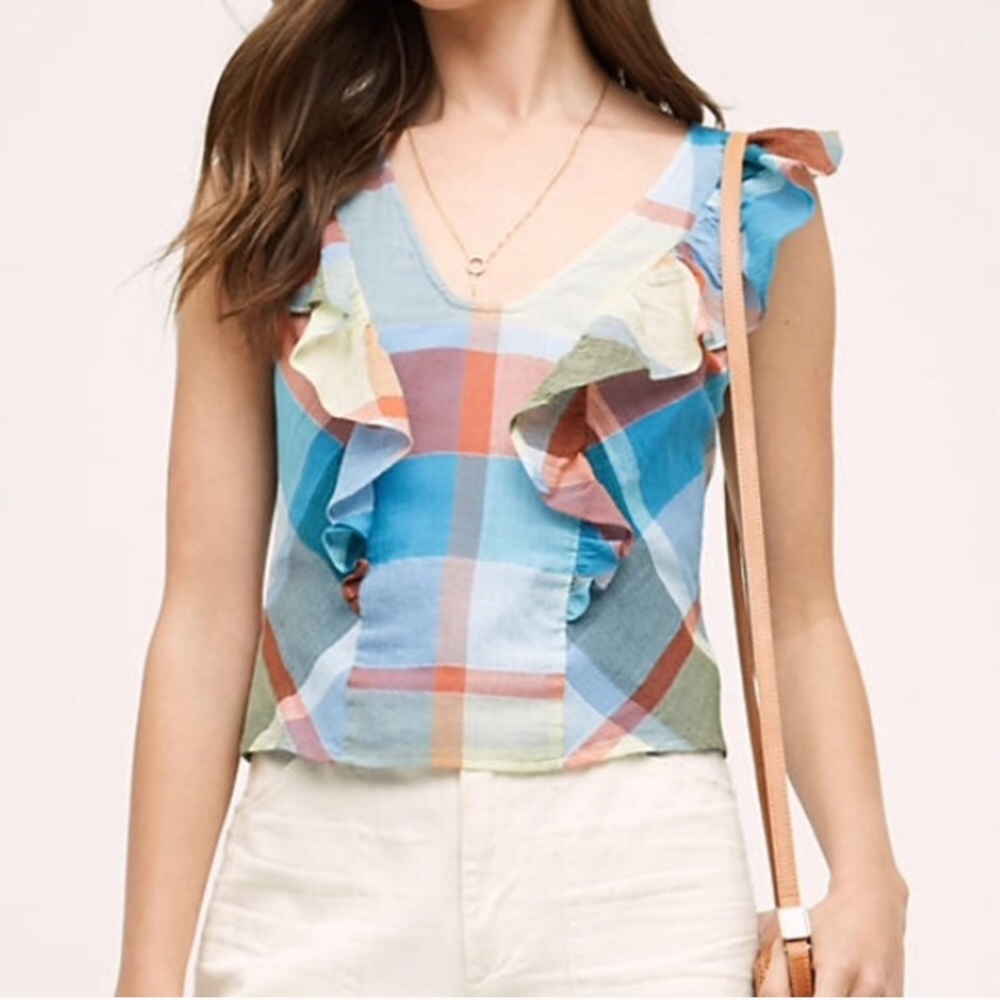 Anthropologie blue motif plaid top motif by Maeve