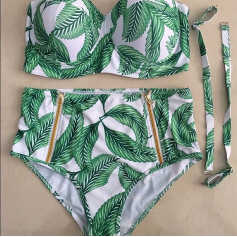 Resale! Green and white zipper high waisted bikini
