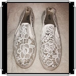 White Floral Lace Slip On Shoes