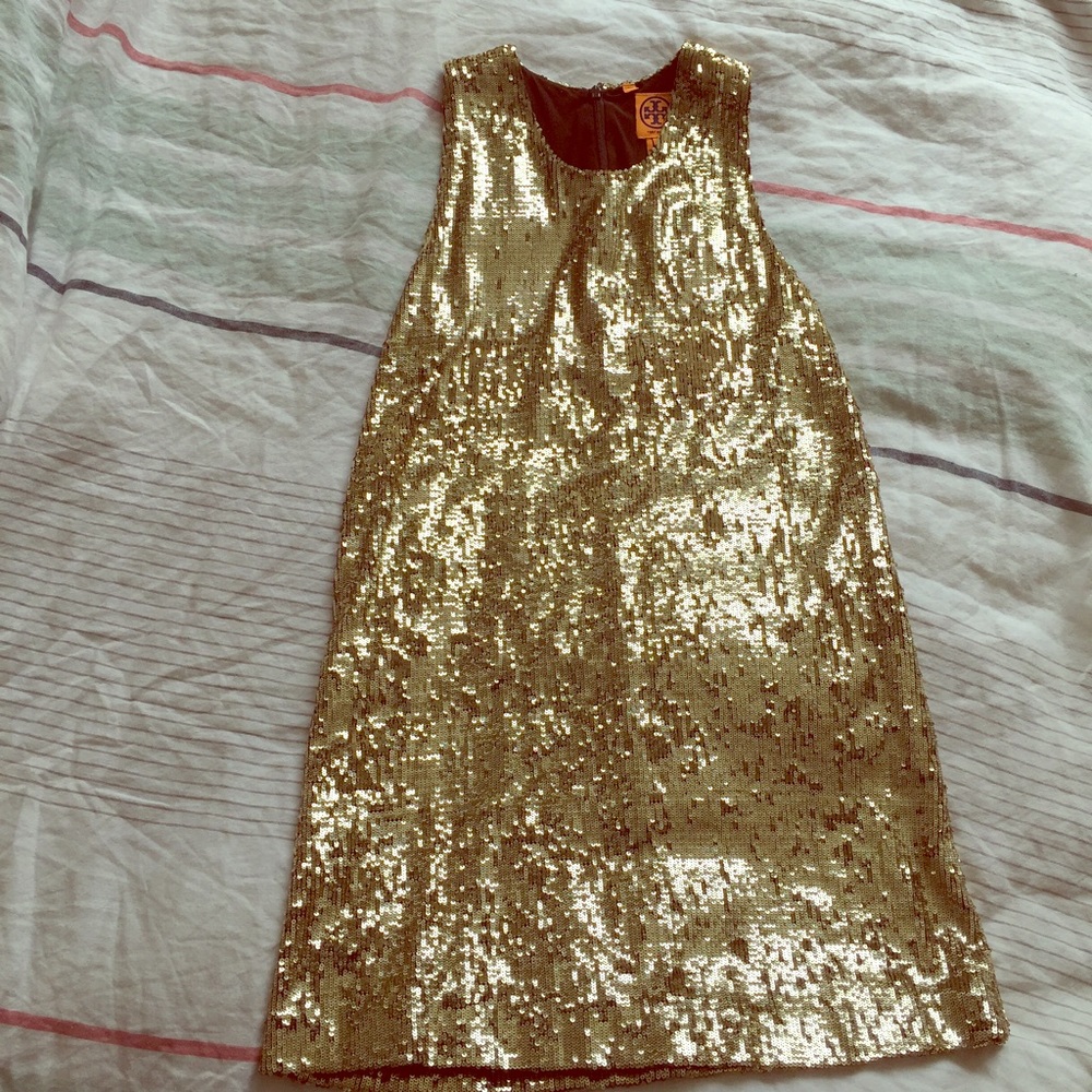 Tory Burch gold sequin shift dress