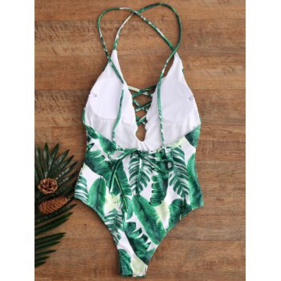 🌴Palm Leaf Criss-Cross One Piece Swimsuit - Picture 2 of 8