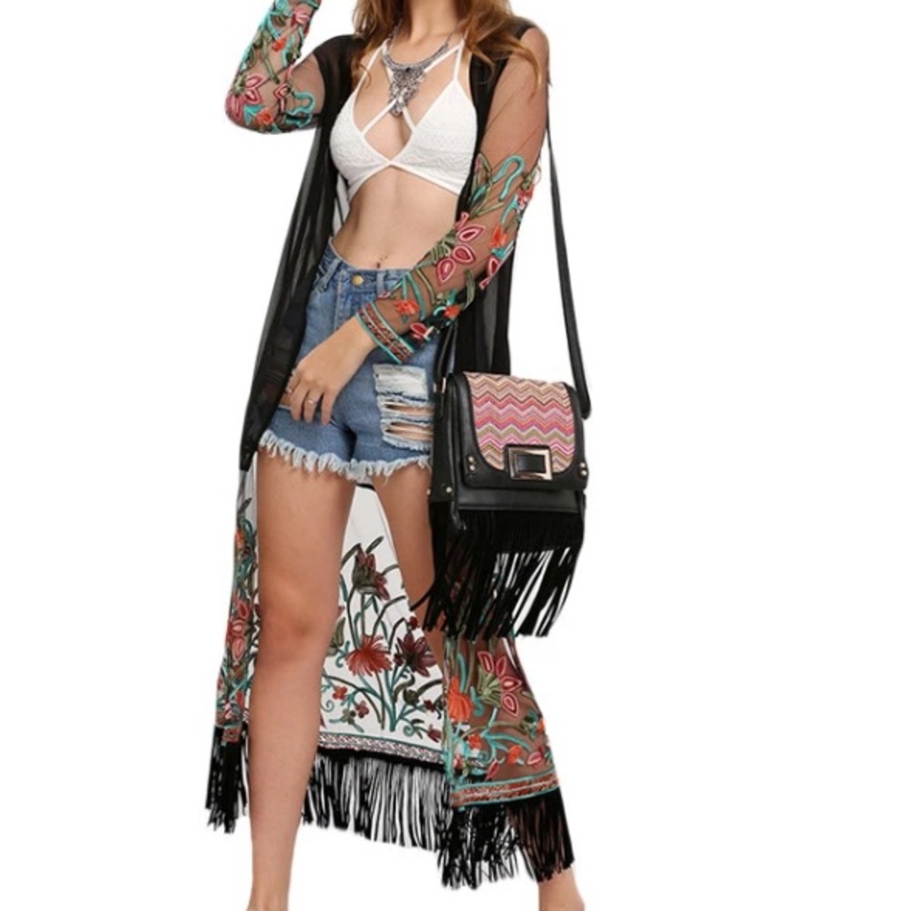 Embroidered fringe cardigan