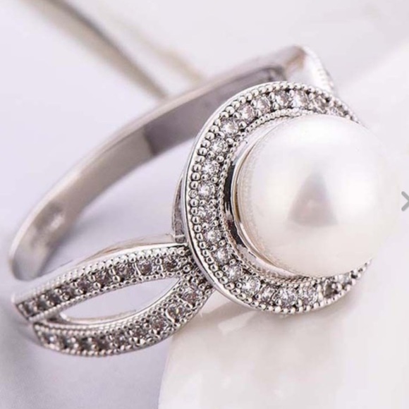 Pearl Halo Split Silver Engagement Ring - Picture 2 of 6