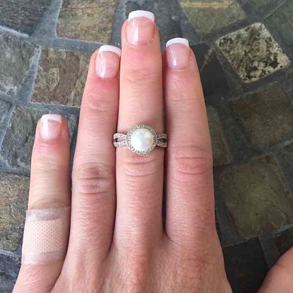 Pearl Halo Split Silver Engagement Ring - Picture 4 of 6