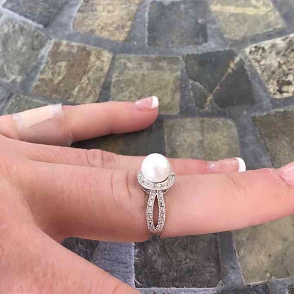 Pearl Halo Split Silver Engagement Ring - Picture 6 of 6