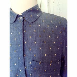 Zara Denim Blue Button Down Yellow Swiss Dot Shirt