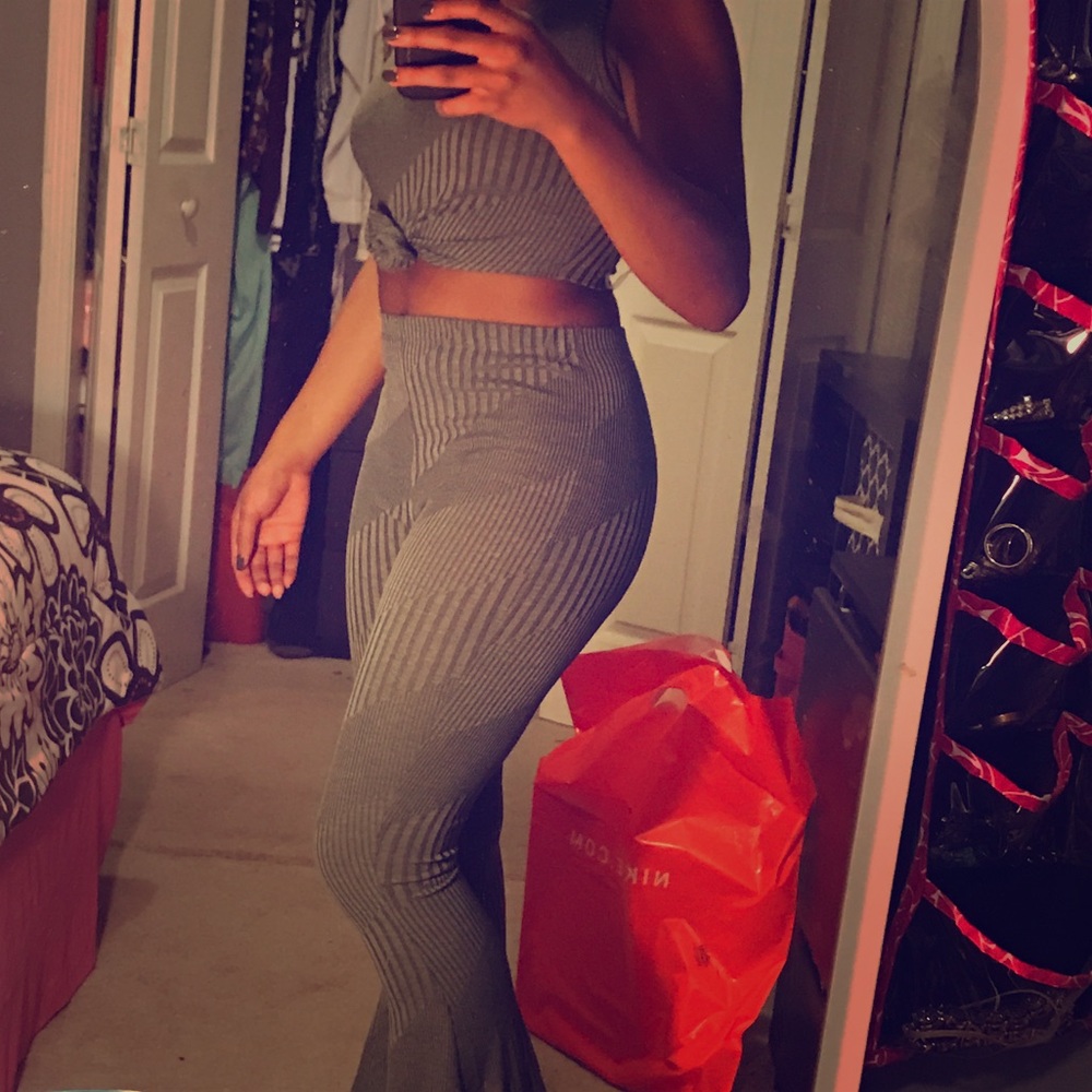 Green crop top and flare out pants to match