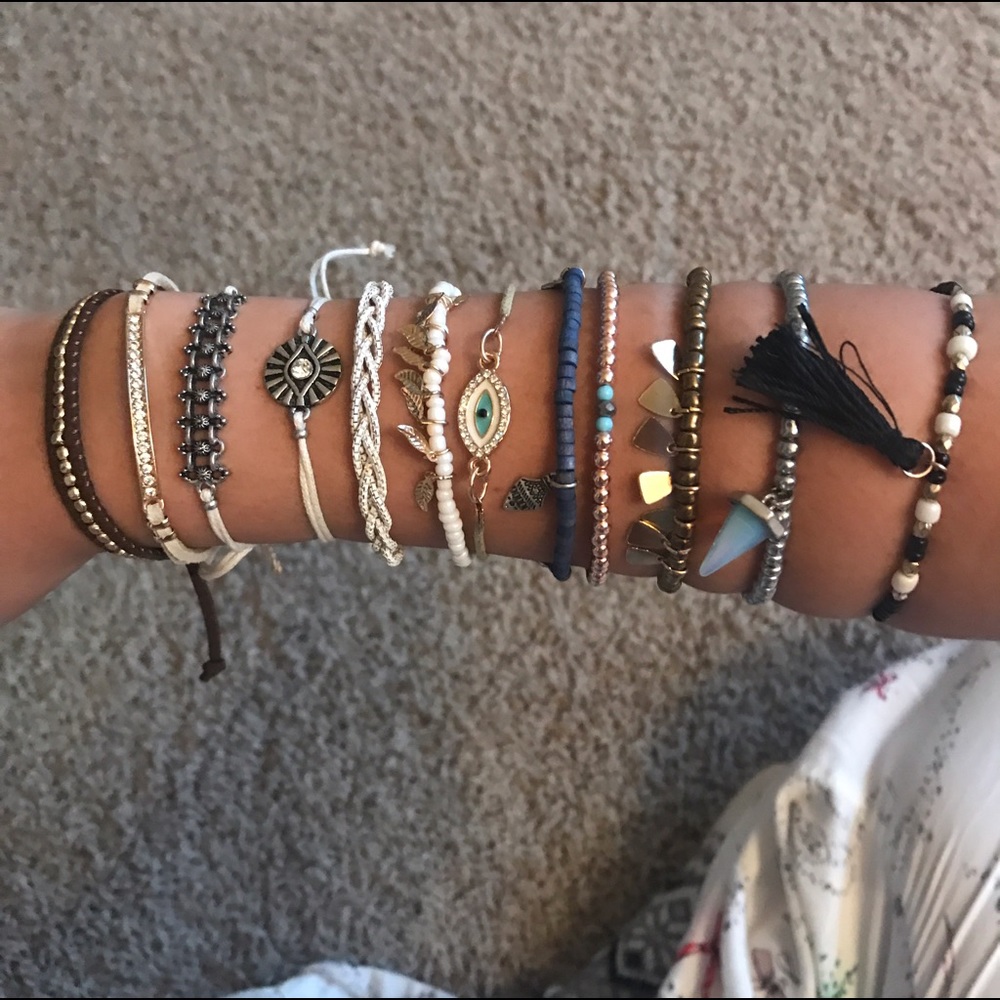 Yarn , beaded , silver , gold bracelets