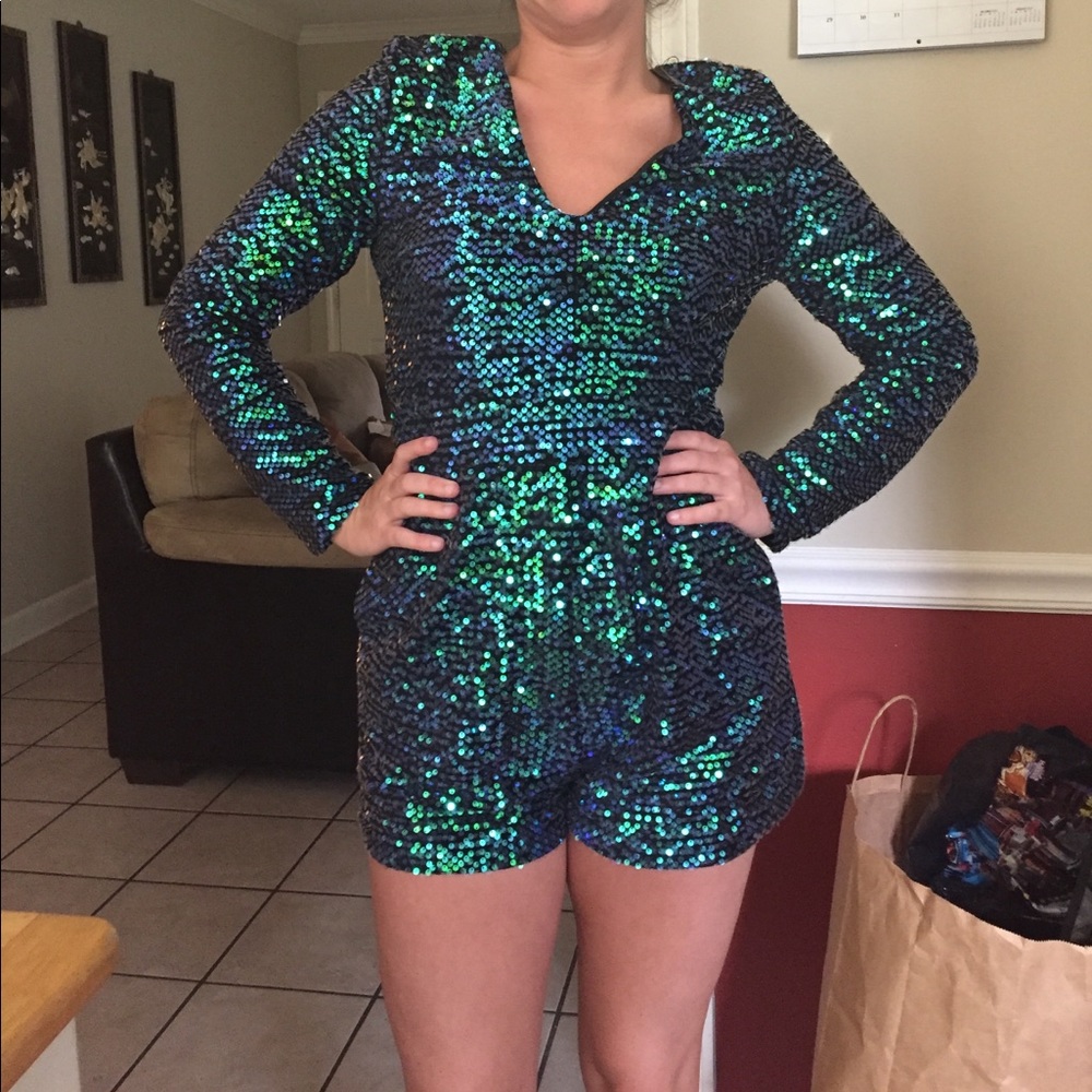 Blue/green/silver sequin romper