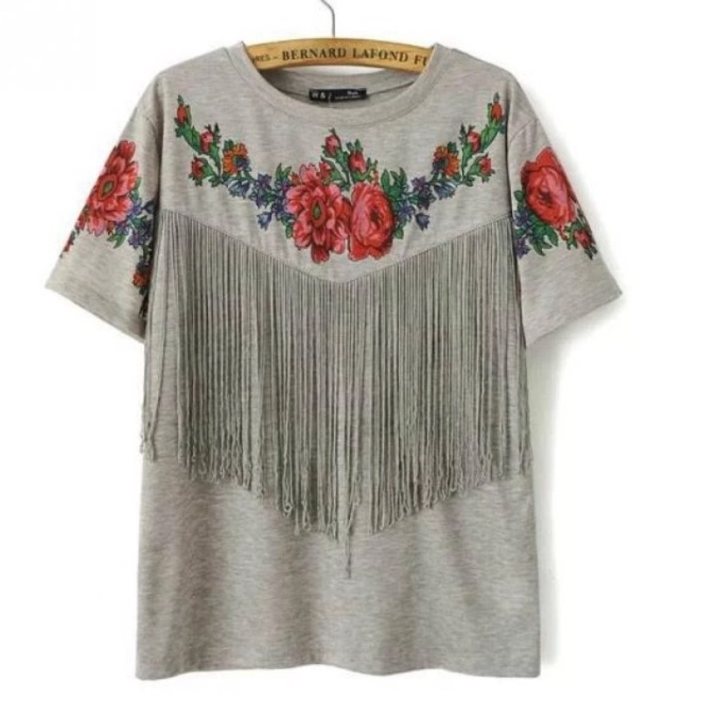 🌹 Festival Ready Gray & Floral Print Fringe T 🌹
