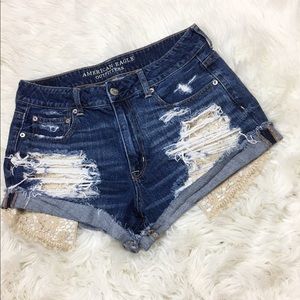 Distressed Medium Wash High Waisted Denim Shorts