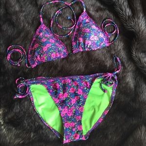 2 piece pink, purple and green flower print bikini