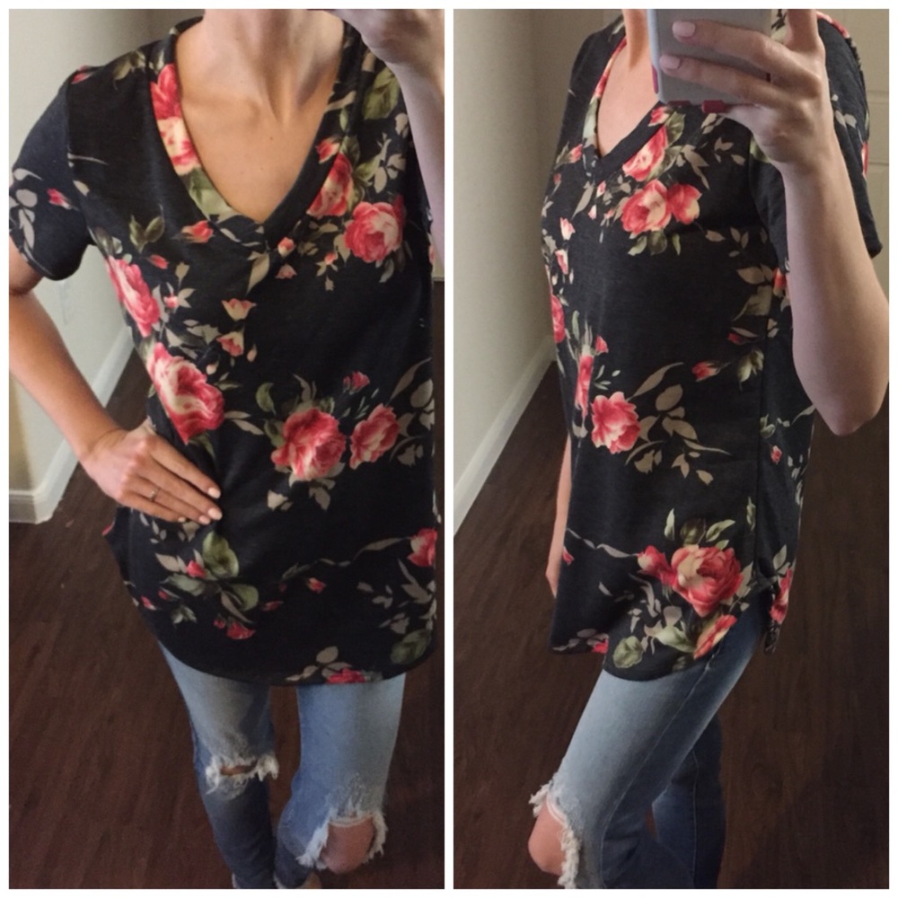 LAST ITEM▫Black Soft Terry Floral V-Neck Tee - Picture 2 of 6