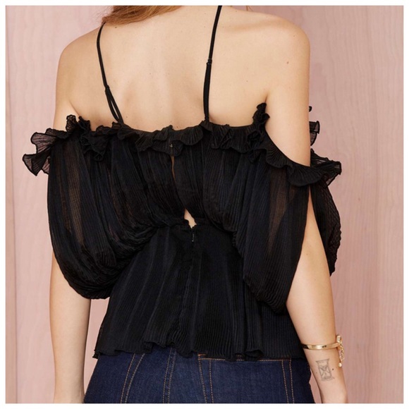 Black Sheer Off The Shoulder Ruffle Halter Top - Picture 3 of 5
