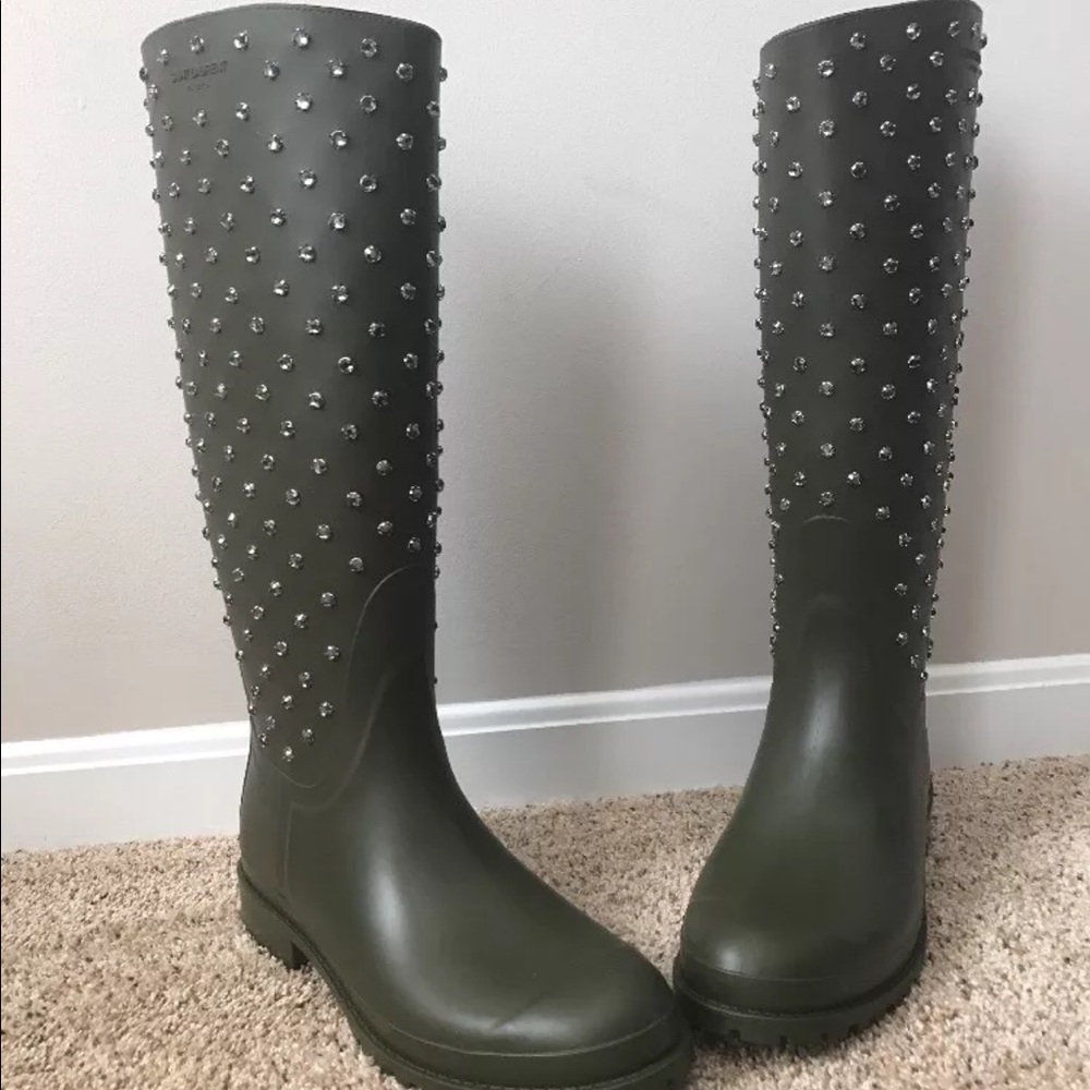 Saint Laurent Festival Studded Olive Boots Size 42