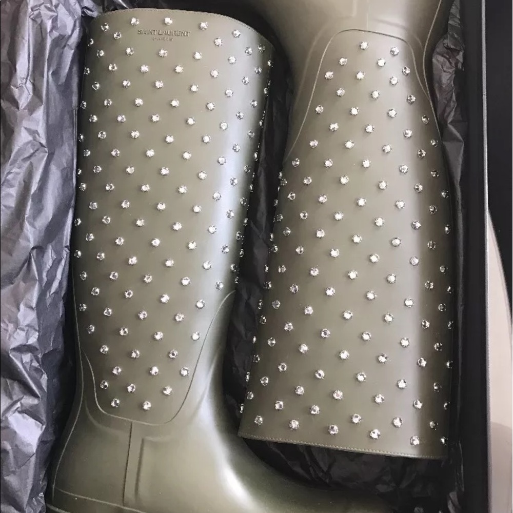 Saint Laurent Festival Studded Olive Boots Size 42 - Picture 2 of 6