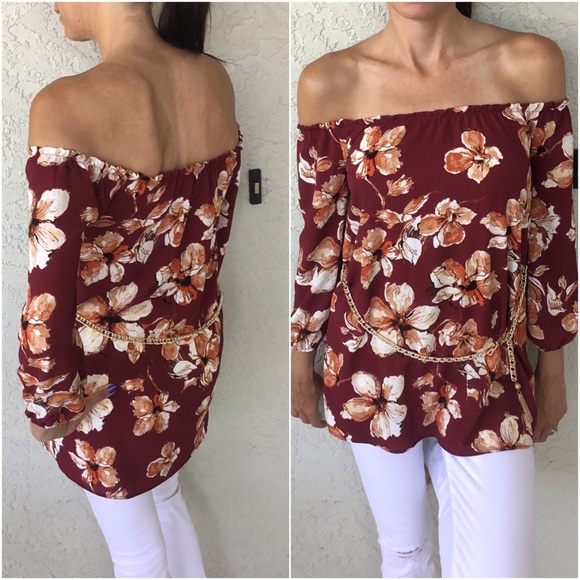 Burgundy Off the Shoulder Top - Picture 2 of 3