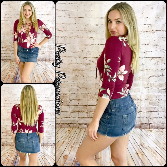 SALE‼️NWT Burgundy Floral Lace Up Jersey Bodysuit - Picture 2 of 4