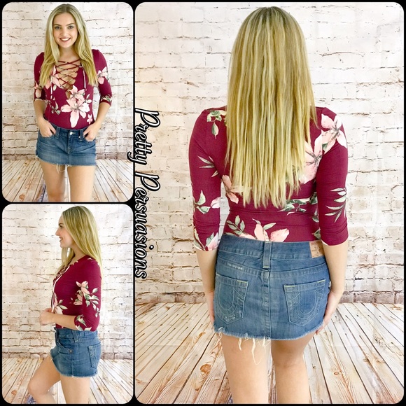 SALE‼️NWT Burgundy Floral Lace Up Jersey Bodysuit - Picture 3 of 4