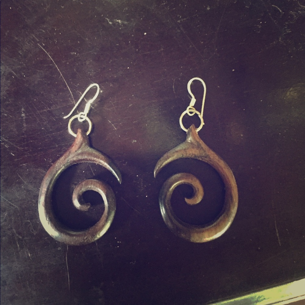 Tribal wooden spiral earrings