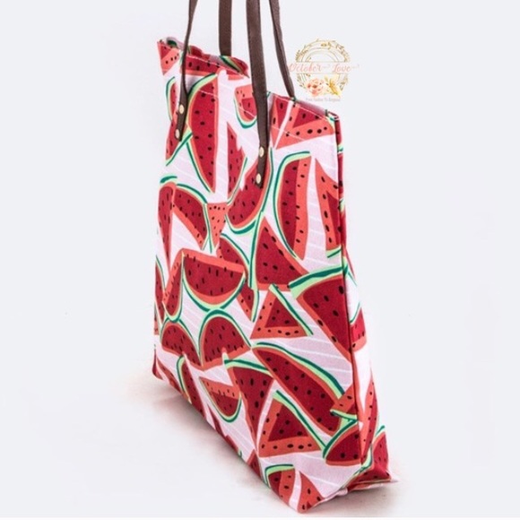 Watermelon Tote Bag Canvas Leather Large Red White - Picture 2 of 4