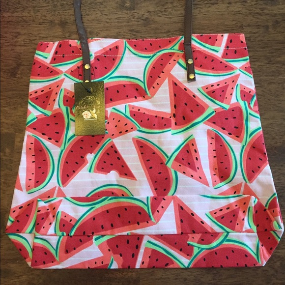 Watermelon Tote Bag Canvas Leather Large Red White - Picture 3 of 4