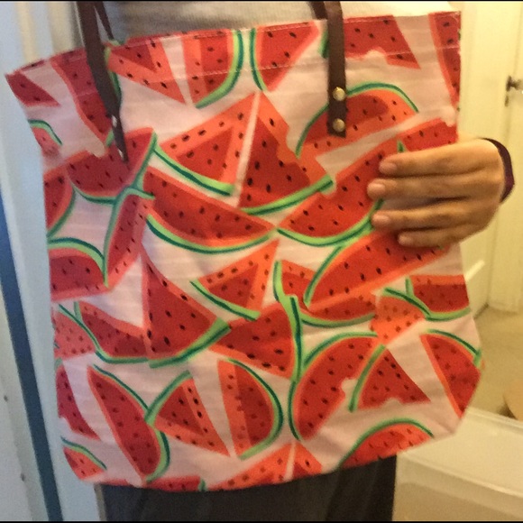Watermelon Tote Bag Canvas Leather Large Red White - Picture 4 of 4