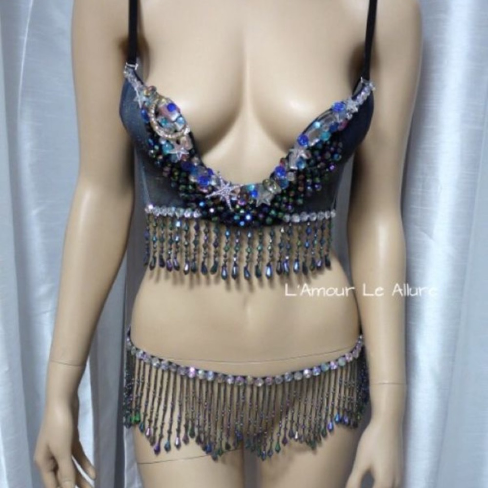 Galaxy Plunge Bra with Matching Beaded Mini Skirt